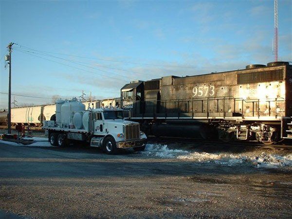 Front view of the Hulcher Locomotive Service Truck, which provides locomotive servicing on a mobile basis