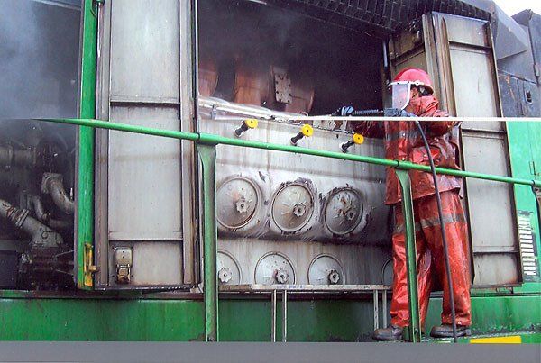 Pressure washing can be performed on interior and mechanical components of the locomotive as well as the exterior