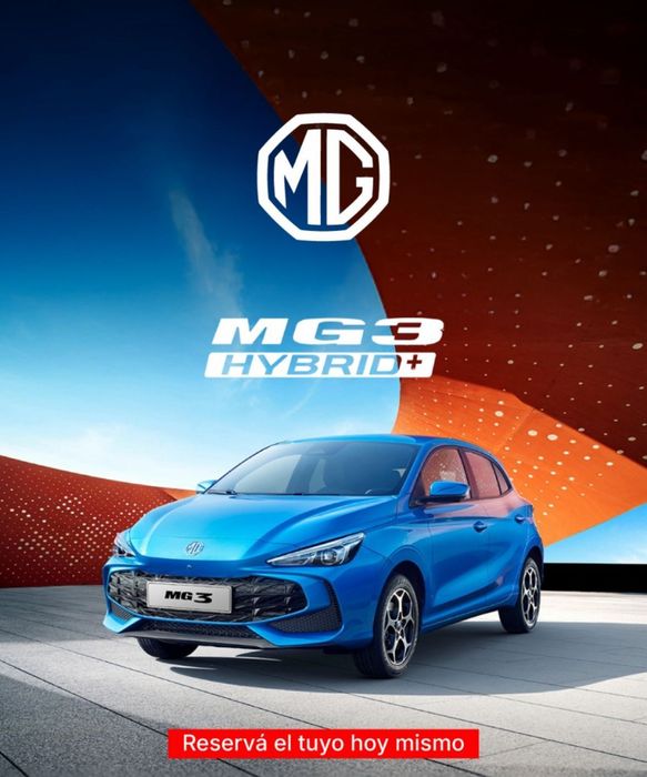 Coche MG3 Híbrido+ azul sobre un fondo abstracto azul y marrón con el logotipo de MG. Texto: Reserve el suyo hoy mismo.