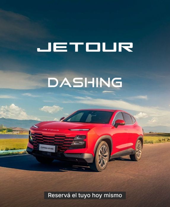 Un todoterreno Jetour Dashing rojo en la carretera, con fondo de cielo azul y el texto 