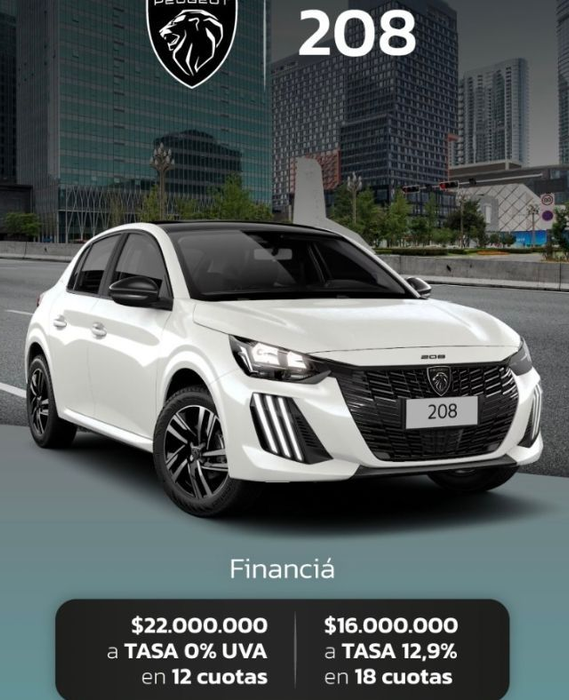 Auto Peugeot 208 blanco con opciones de financiamiento: $22M al 0% de interés en 12 cuotas, o $16M al 12,9% en 18.