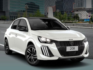 Peugeot 208 blanco aparcado en una carretera con edificios de la ciudad al fondo.