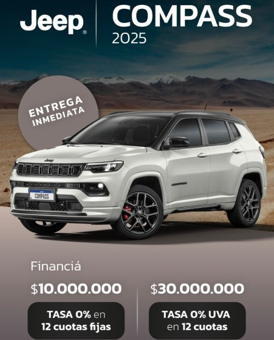 Jeep Compass 2025 SUV blanco. Financiamiento: $10 millones al 0% en 12 cuotas fijas o $30 millones al 0% UVA en 12 cuotas. 