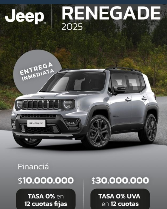 Anuncio del Jeep Renegade 2025 con una SUV plateada. Incluye opciones de financiación y texto de 