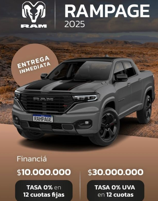 Anuncio de camioneta RAM Rampage 2025. Ofrece financiamiento: $10 millones al 0% en 12 cuotas fijas y $30 millones 