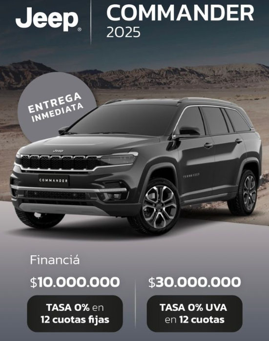 Jeep Commander 2025, SUV oscura con entrega inmediata, opciones de financiamiento: $10M al 0% o $30M al 0% UVA, en 12 cuotas.