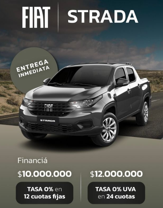Anuncio de camioneta Fiat Strada: Entrega inmediata, opciones de financiamiento de $10M y $12M con 0% de interés.