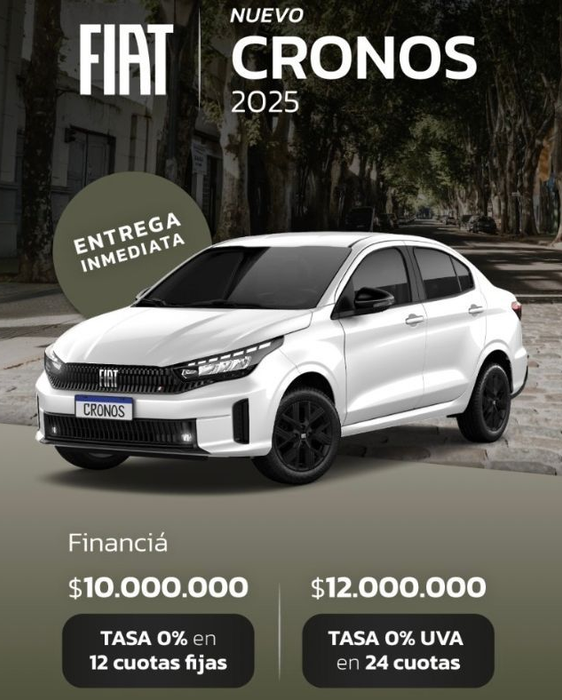 Anuncio de un Fiat Cronos sedán blanco con opciones de financiación. Muestra el coche con llantas negras,
