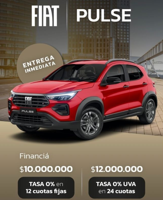 Anuncio de coche Fiat Pulse rojo con opciones de financiación. ---
