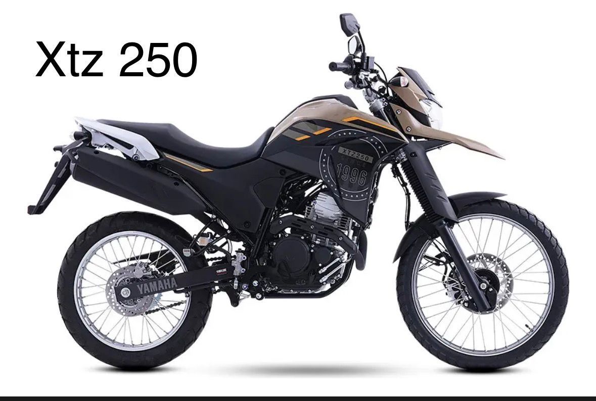 Motocicleta Yamaha Xtz 250, color negro y tostado, neumáticos todoterreno, vista lateral.