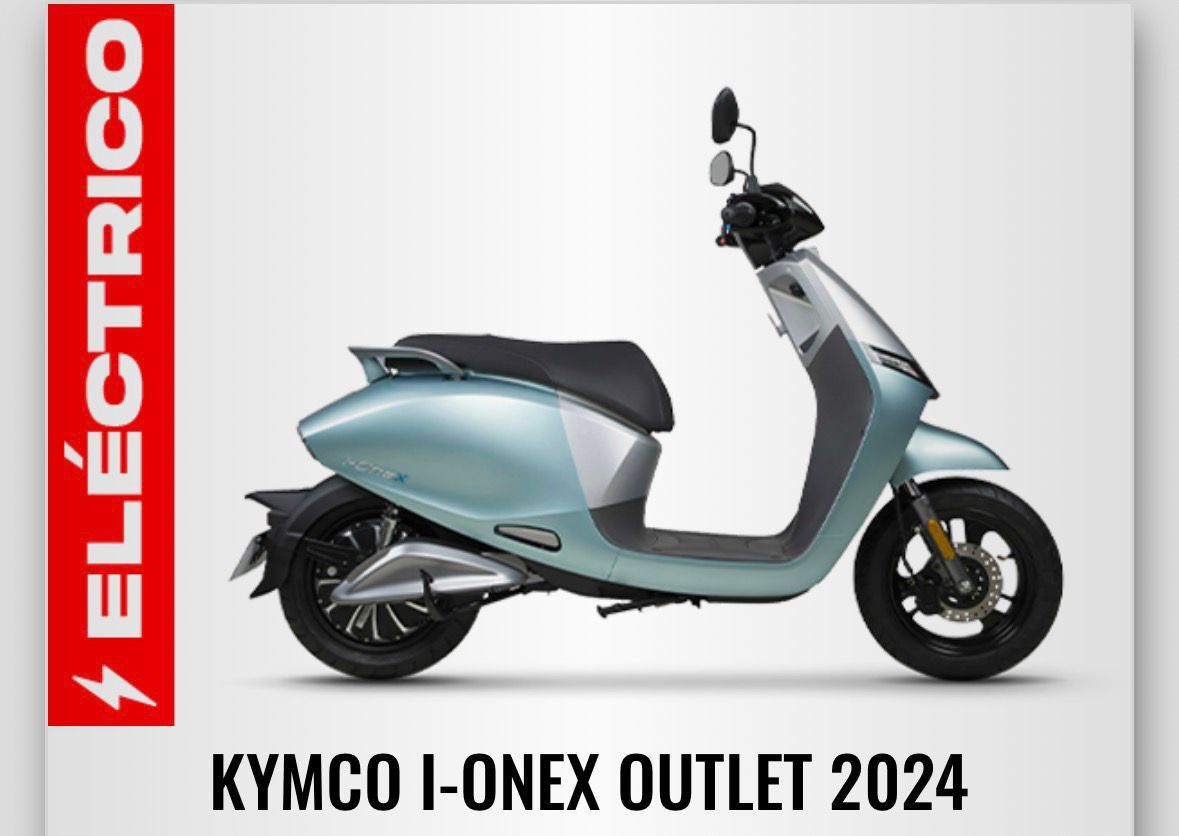 Patinete eléctrico azul, Kymco I-OneX Outlet 2024, sobre fondo gris, con etiqueta