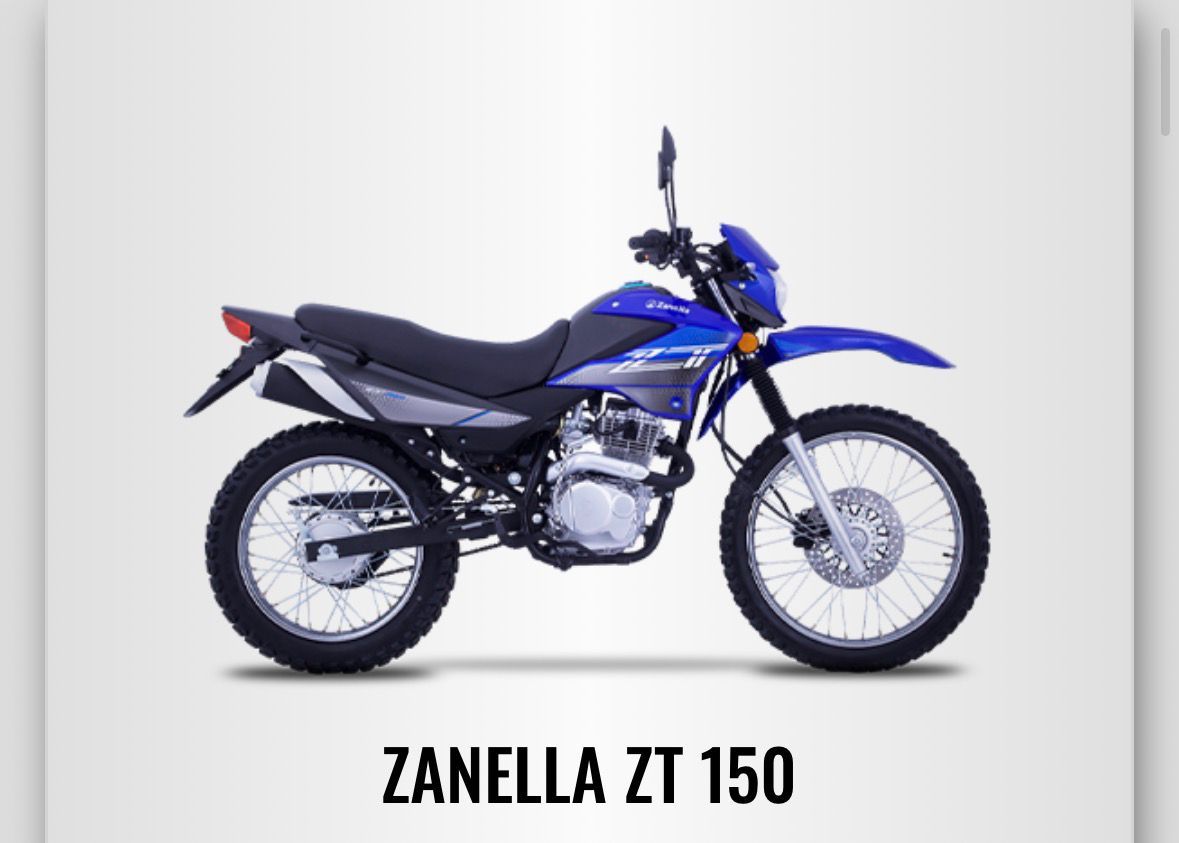 Moto de cross Zanella ZT 150 azul y gris, vista lateral, sobre fondo gris claro.