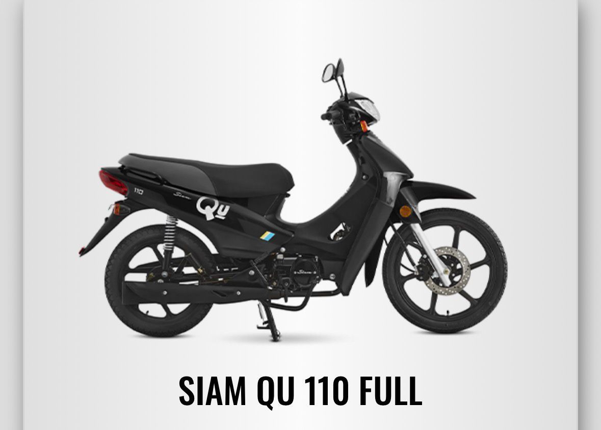 Motocicleta Siam QU 110 FULL negra sobre fondo blanco.