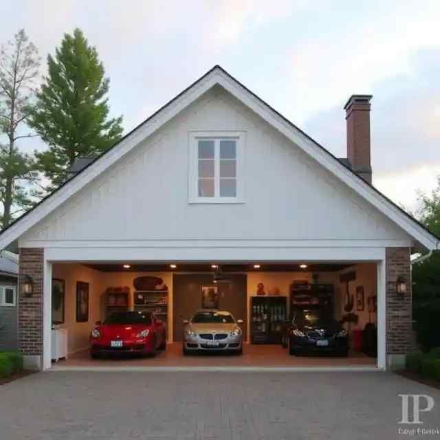 Three cars are parked in a garage with the door open.