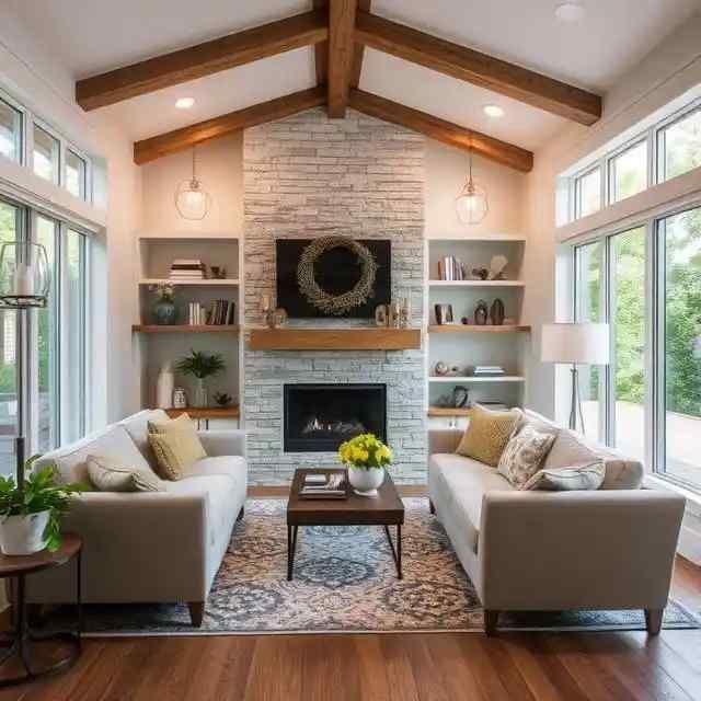 A living room with two couches and a fireplace.