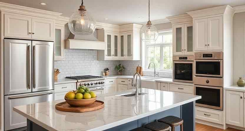 A kitchen with white cabinets and stainless steel appliances and a large island.