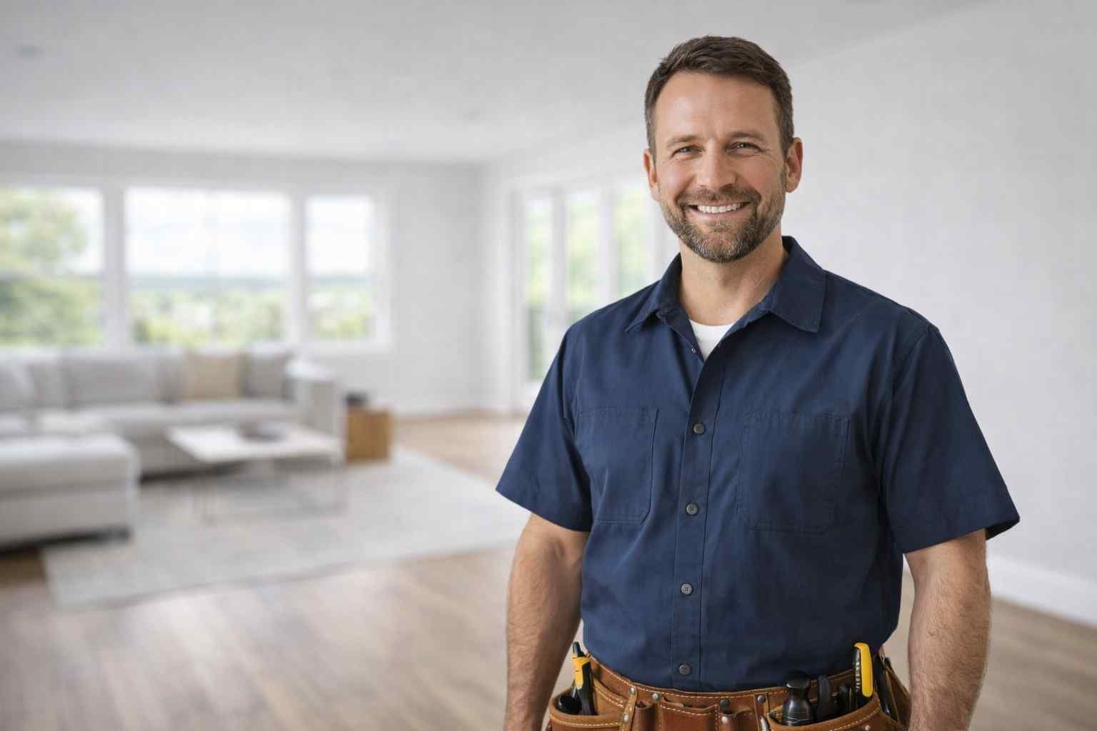 A man wearing a hard hat and overalls is standing in front of a house.