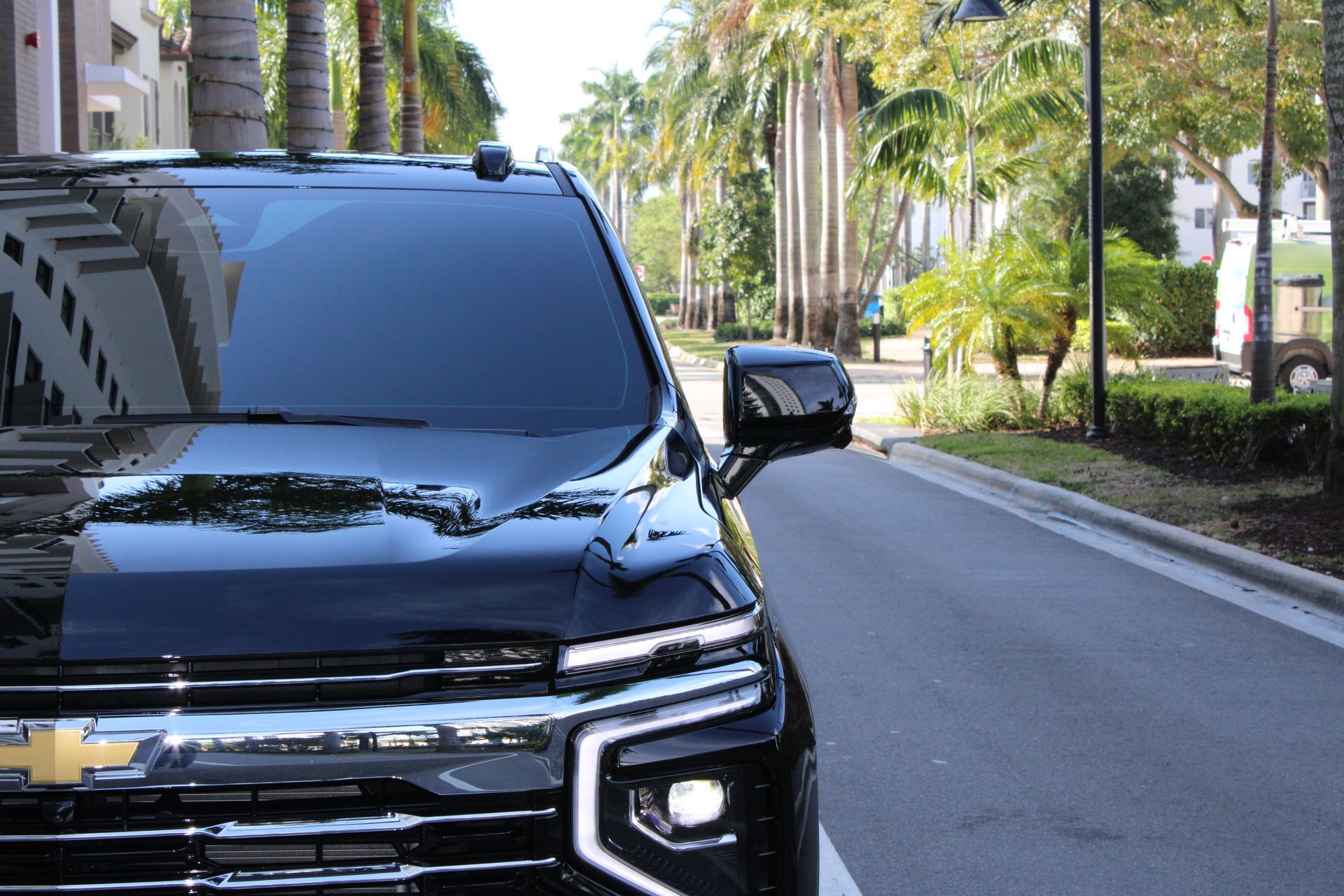 Black Chevrolet SUV parked on a road lined with palm trees.