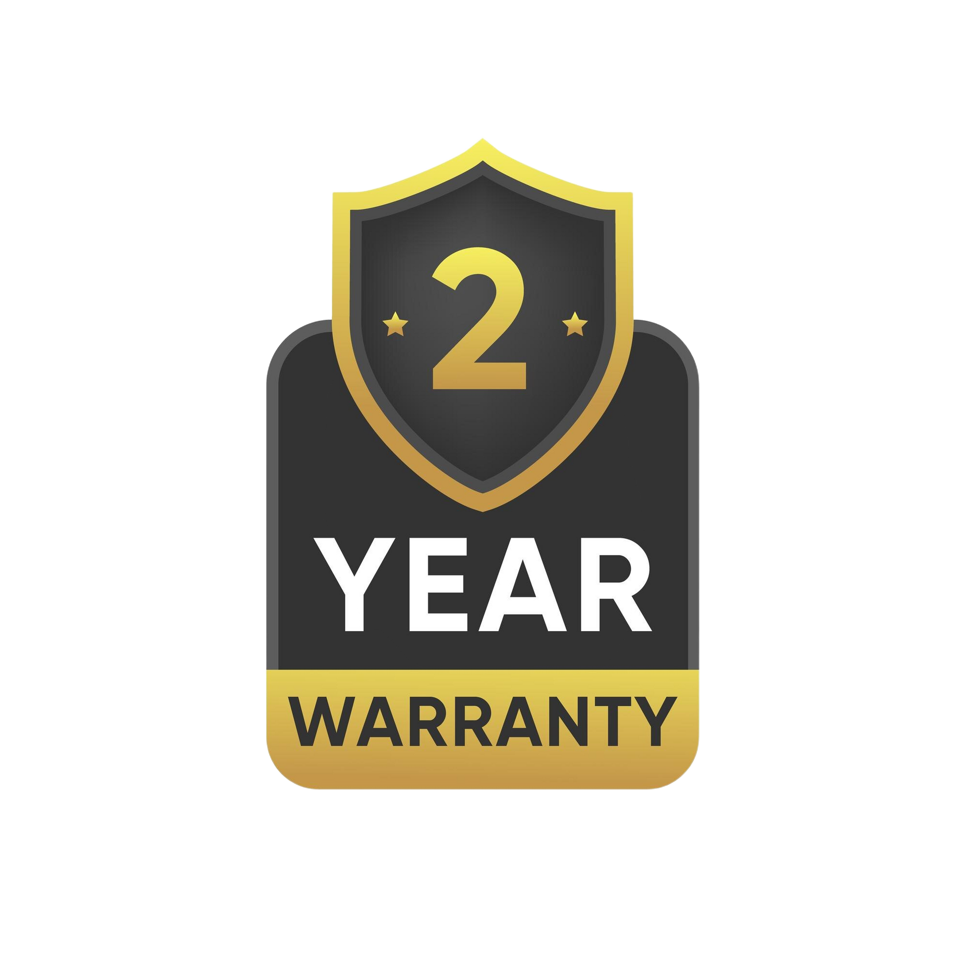 A 2 year warranty label with a shield on a white background.