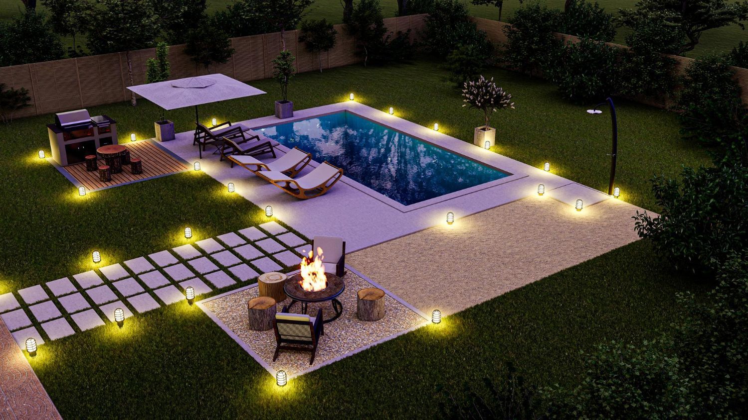 An aerial view of a backyard with a swimming pool and a fire pit.