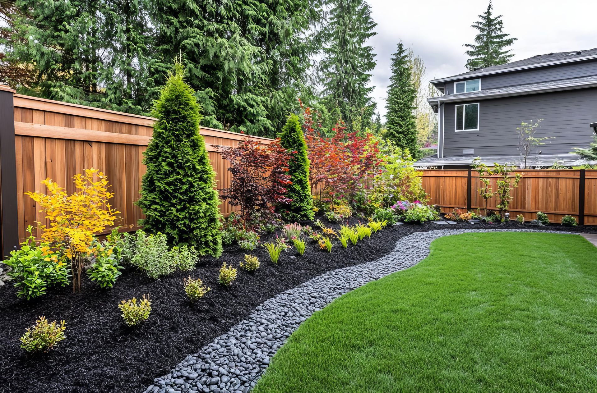 Landscaped backyard with mulch, rocks, and various plants along a green lawn, wooden fence and a house in the background.
