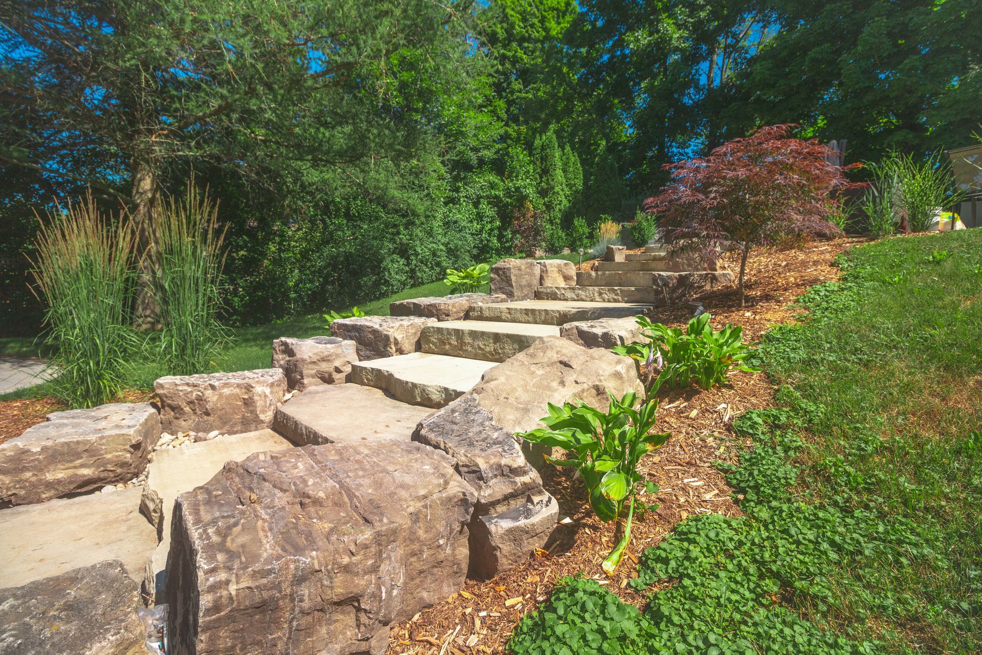A stone staircase leading up to a lush green hillside surrounded by trees.