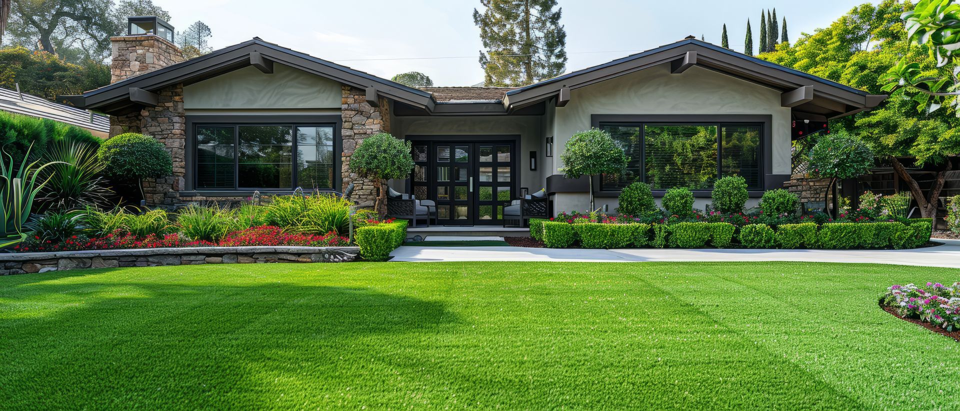 A large house with a lush green lawn in front of it.