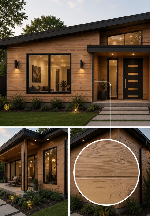 Casa moderna de una sola planta con revestimiento de madera, grandes ventanales, puerta principal y un detalle en primer plano de la veta de la madera exterior.