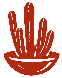 Red cactus-like plant in a round pot, with white line details on the plant.