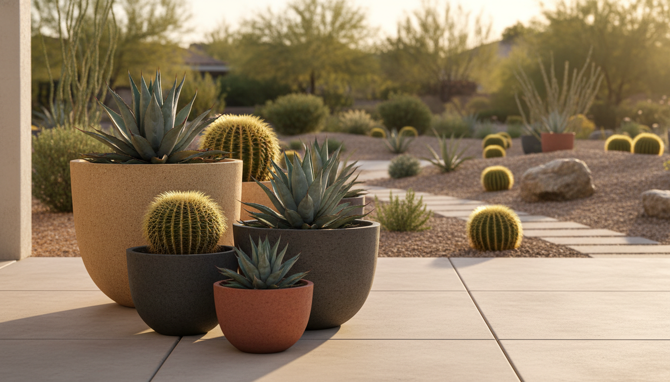 Tall green plant in a black square pot next to a wall with an agave painting.