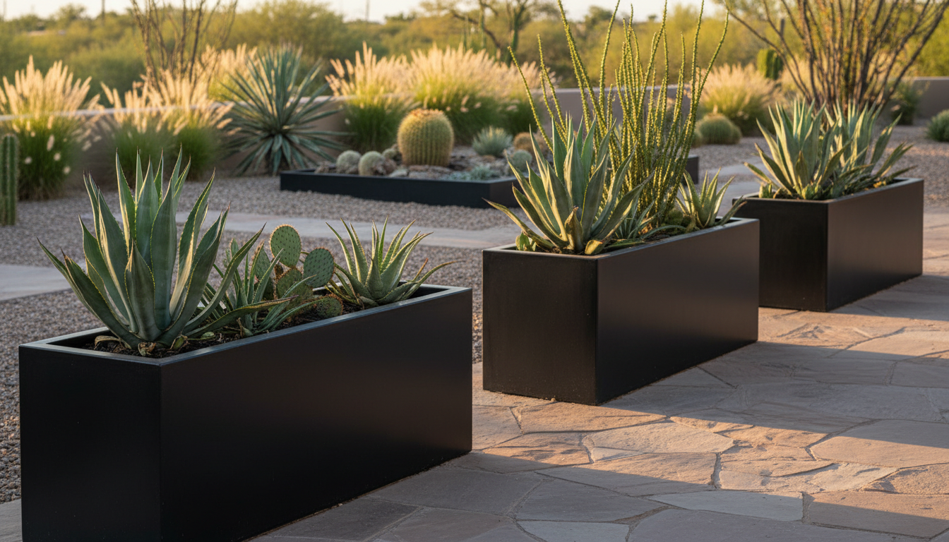 Lounge chairs on green turf beside a pool with a pergola and stucco home. Sunny outdoor scene.