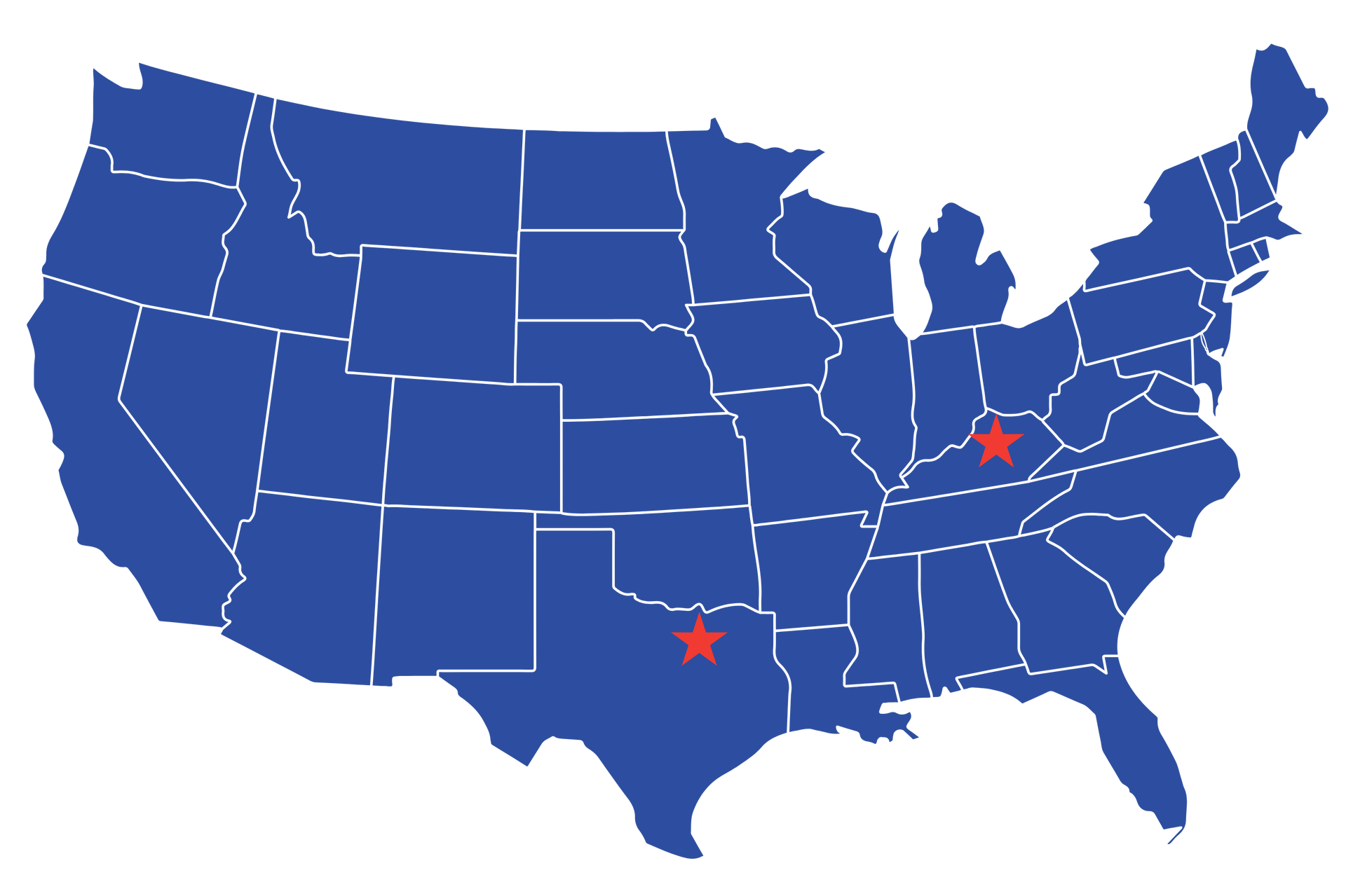 Map of the United States with two red star markers: one in Texas, one in Kentucky.