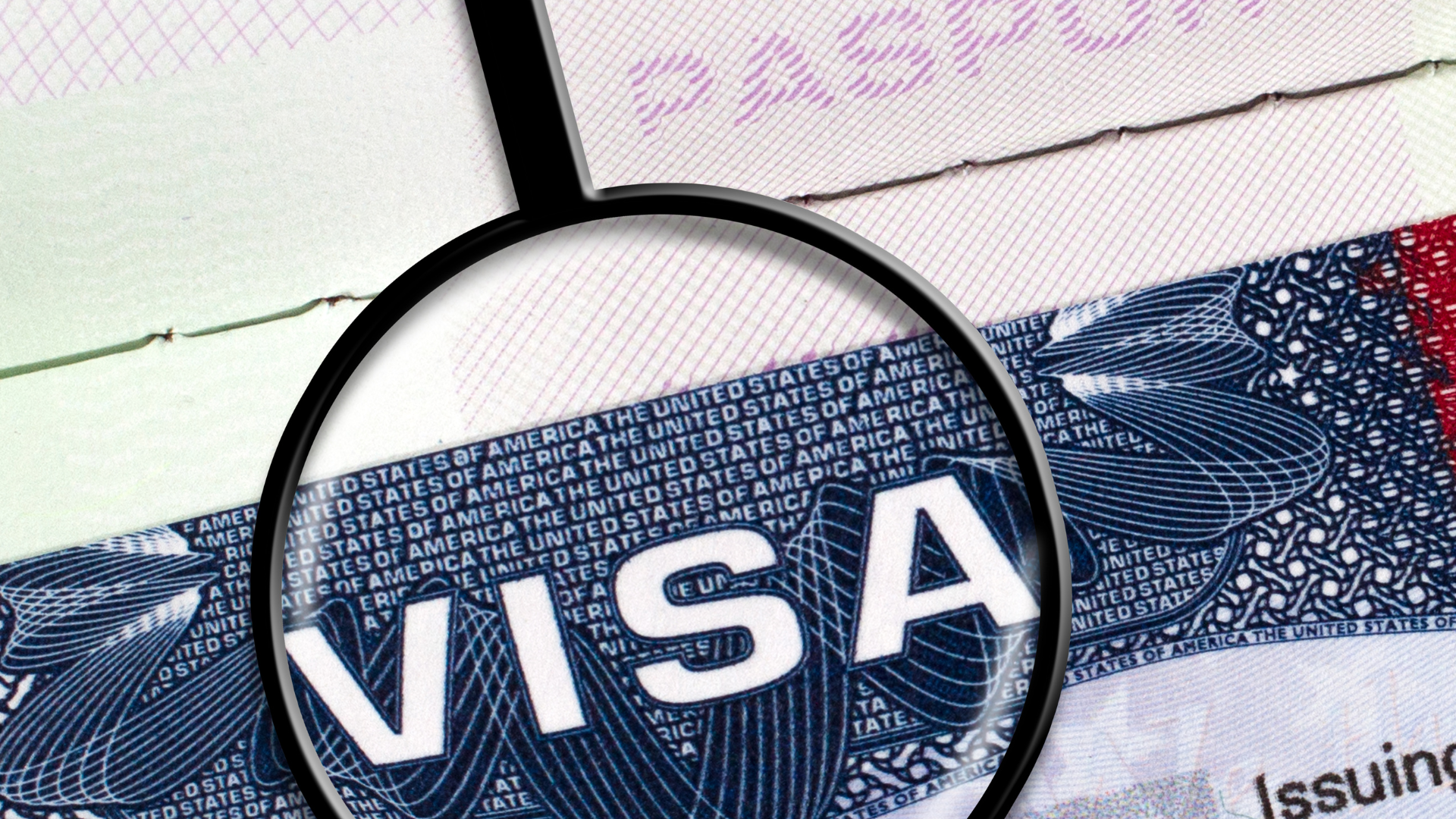 A close up of a visa under a magnifying glass