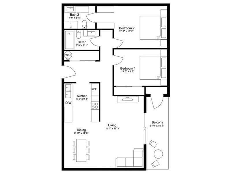 Floor plan 2 Bed, 2 Bath