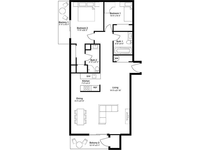 Floor plan 2 Bed, 2 Bath