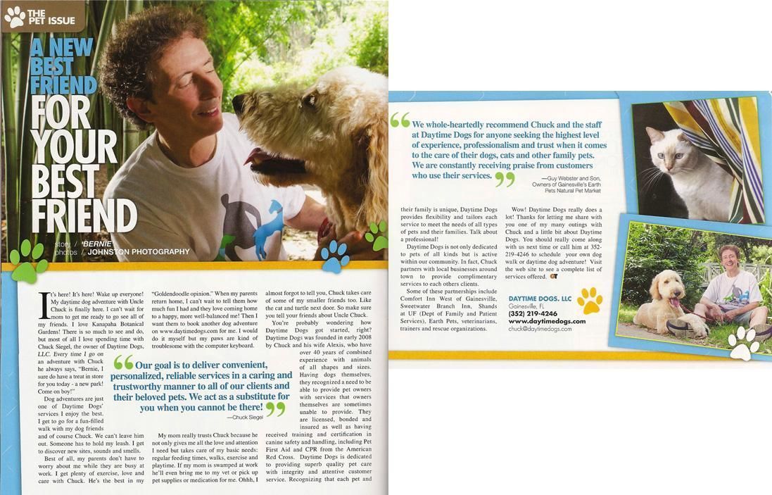 Chuck Siegel owner of Daytime Dogs is holding a dog and a cat in a magazine article