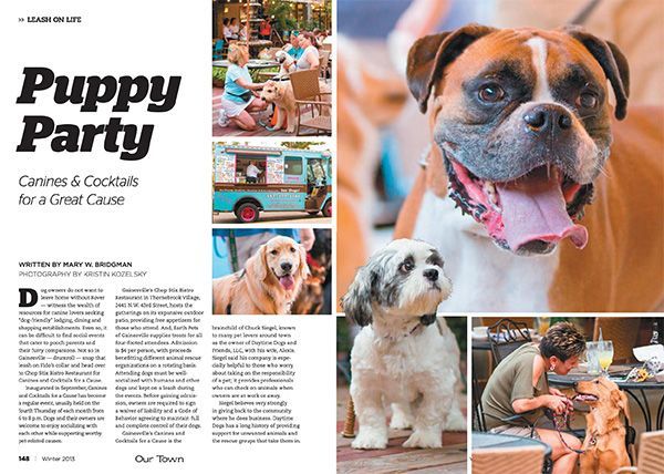 A newspaper article about a puppy party with pictures of dogs