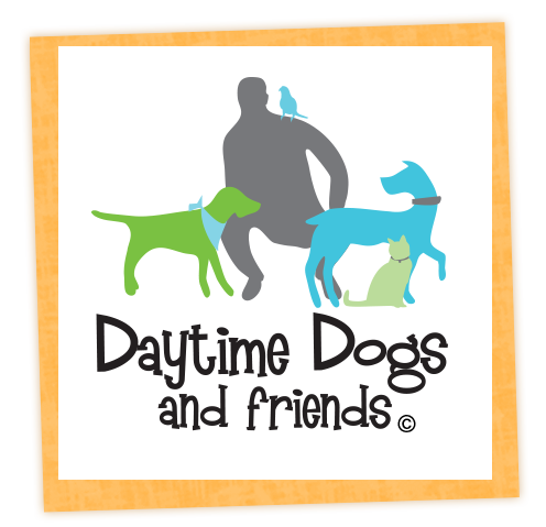 A logo for daytime dogs and friends with a man and dogs