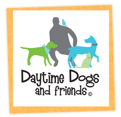 A logo for daytime dogs and friends with a man and dogs