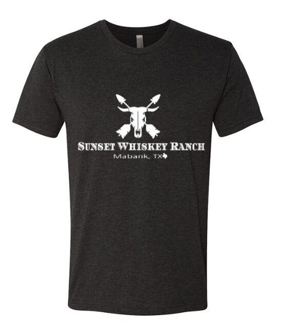 A black t-shirt that says sunset whiskey ranch
