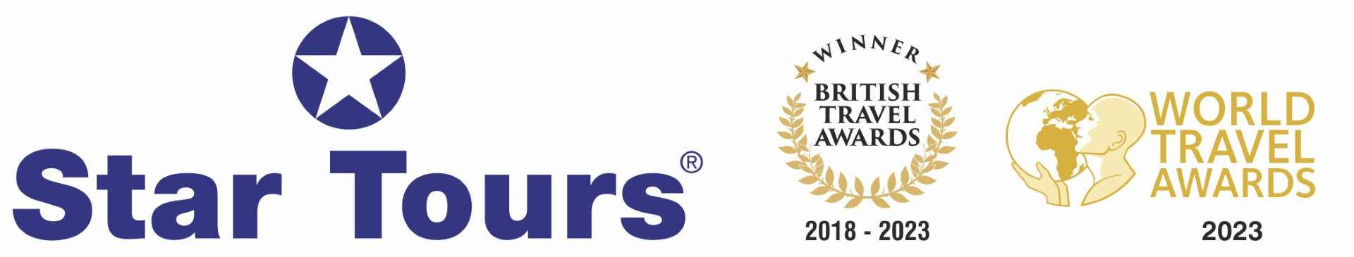 Star Tours company logo with British Travel Awards 2018-2023 and World Travel Awards 2023 emblems.