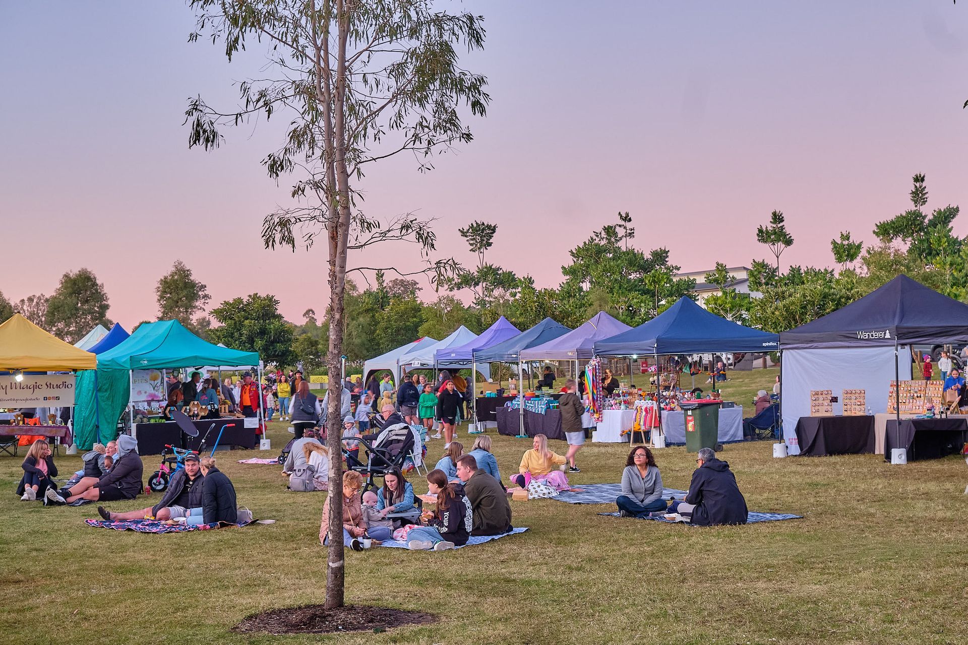 a group of people are sitting under tents in a park .