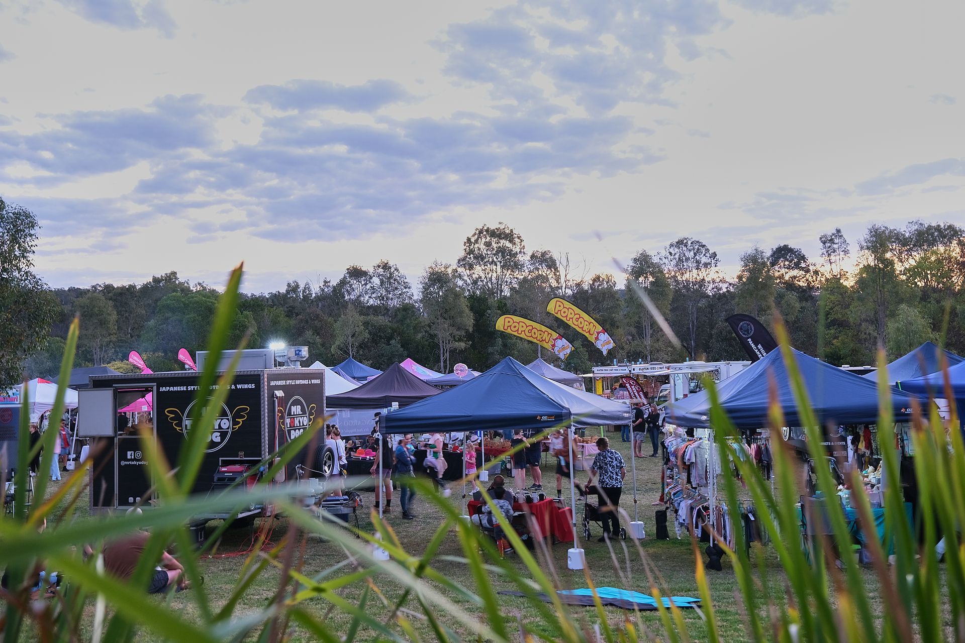 a group of people are gathered in a field at a festival .