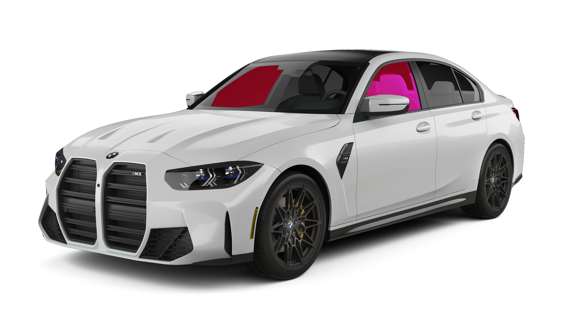 White BMW sedan with black rims and bright pink-tinted windows on a white background