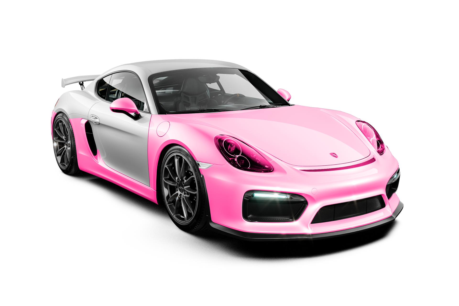 Pink sports car with black wheels on a white background