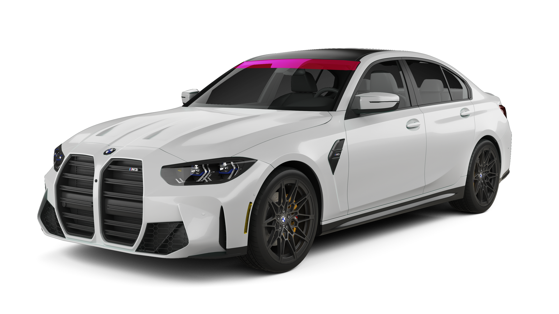 White sporty sedan with black racing accents, front three-quarter view on a plain white background