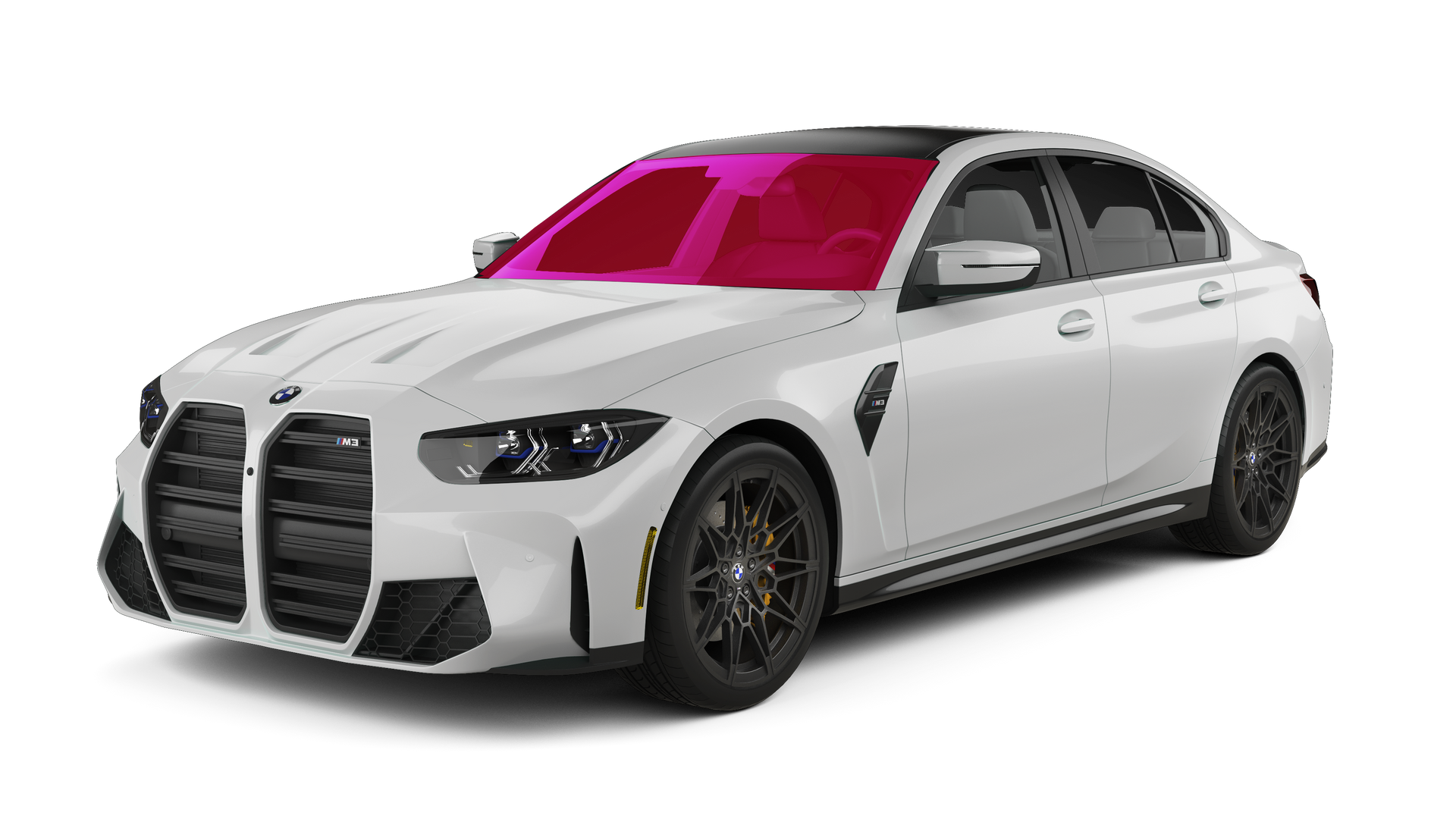 White sports sedan with black grille and bright pink windshield on a white background