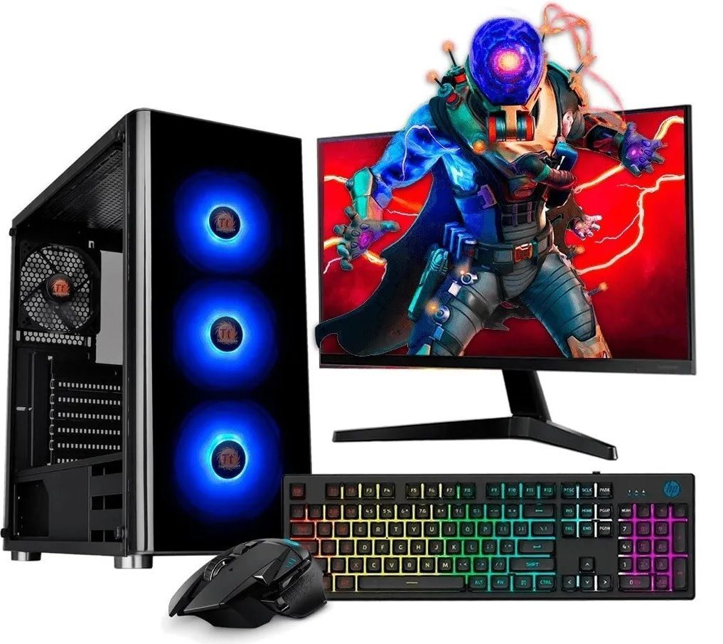 Configuración de PC para juegos con una torre, un monitor que muestra un juego, un teclado y un mouse.