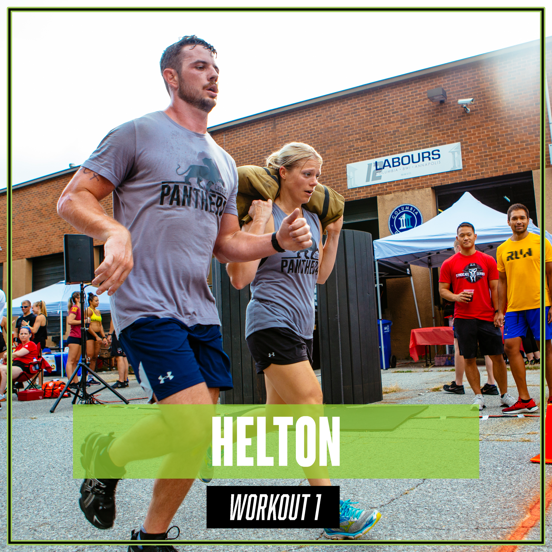 A man and a woman are running with a bag on their shoulders.