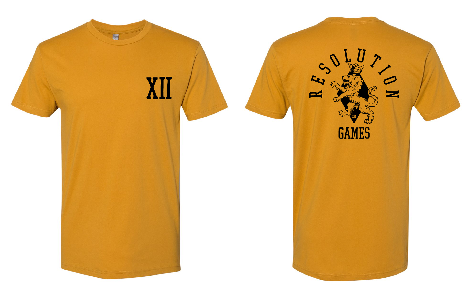 The front and back of a yellow t-shirt with the number xii on it